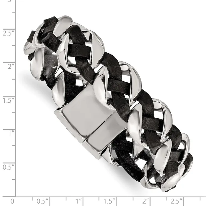 Bracelets TreasureFineJewelers Chisel Stainless Steel Polished Black Braided Leather 8 inch Bracelet