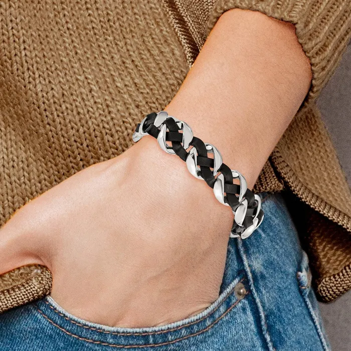 Bracelets TreasureFineJewelers Chisel Stainless Steel Polished Black Braided Leather 8 inch Bracelet