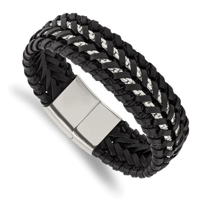 Bracelets TreasureFineJewelers Chisel Stainless Steel Polished Black Woven Leather and Chain 85 inch Bracelet Bracelets TreasureFineJewelers Chisel Stainless Steel Polished Black Woven Leather and Chain 85 inch Bracelet