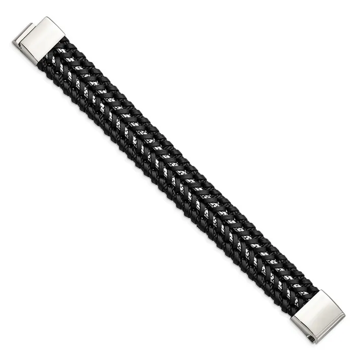 Bracelets TreasureFineJewelers Chisel Stainless Steel Polished Black Woven Leather and Chain 85 inch Bracelet