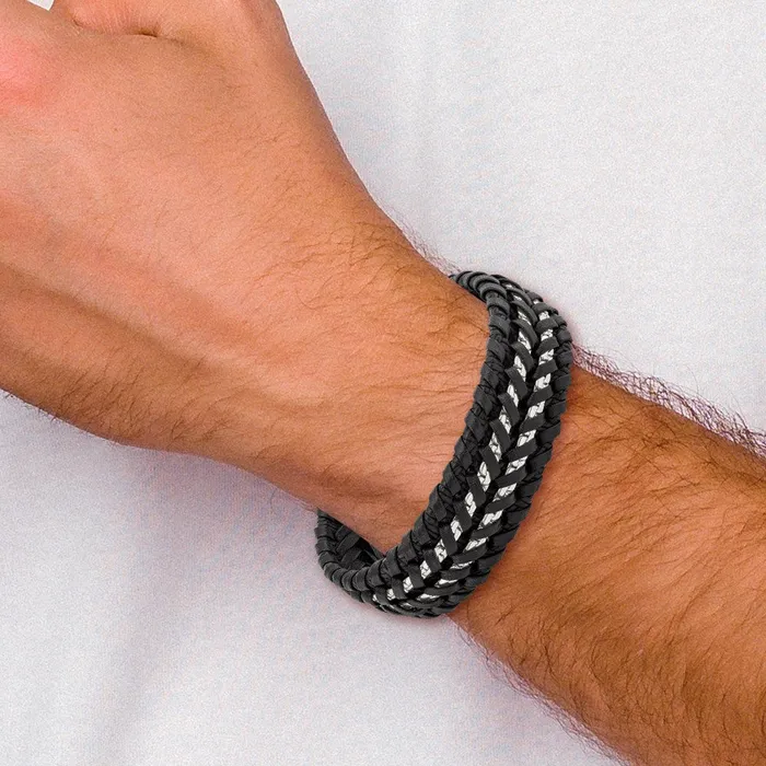 Bracelets TreasureFineJewelers Chisel Stainless Steel Polished Black Woven Leather and Chain 85 inch Bracelet
