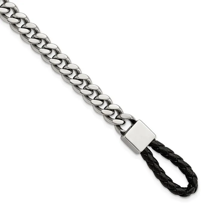 Bracelets TreasureFineJewelers Chisel Stainless Steel Polished Curb Chain with Black Braided Leather Hook 825 inch Bracelet Bracelets TreasureFineJewelers Chisel Stainless Steel Polished Curb Chain with Black Braided Leather Hook 825 inch Bracelet