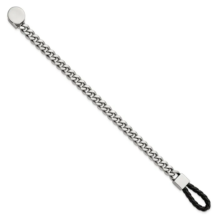 Bracelets TreasureFineJewelers Chisel Stainless Steel Polished Curb Chain with Black Braided Leather Hook 825 inch Bracelet