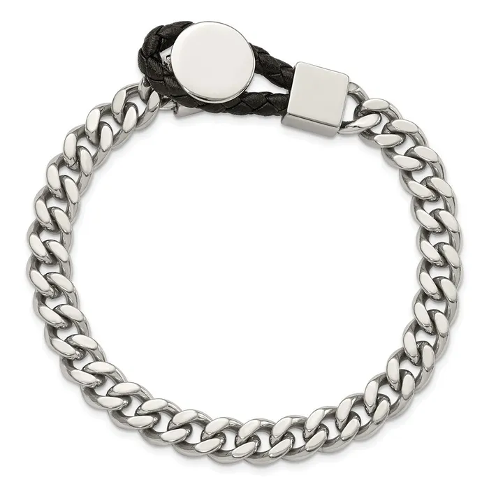 Bracelets TreasureFineJewelers Chisel Stainless Steel Polished Curb Chain with Black Braided Leather Hook 825 inch Bracelet