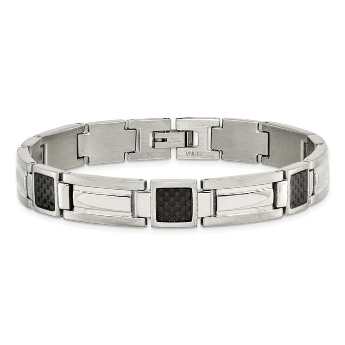 Bracelets TreasureFineJewelers Chisel Stainless Steel Polished with Black Carbon Fiber Inlay 875 inch Link Bracelet