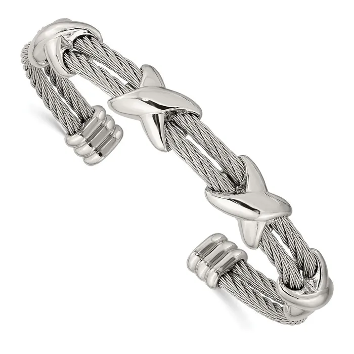 Bracelets TreasureFineJewelers Stainless Steel Polished Cable Cuff Bangle Bracelets TreasureFineJewelers Stainless Steel Polished Cable Cuff Bangle