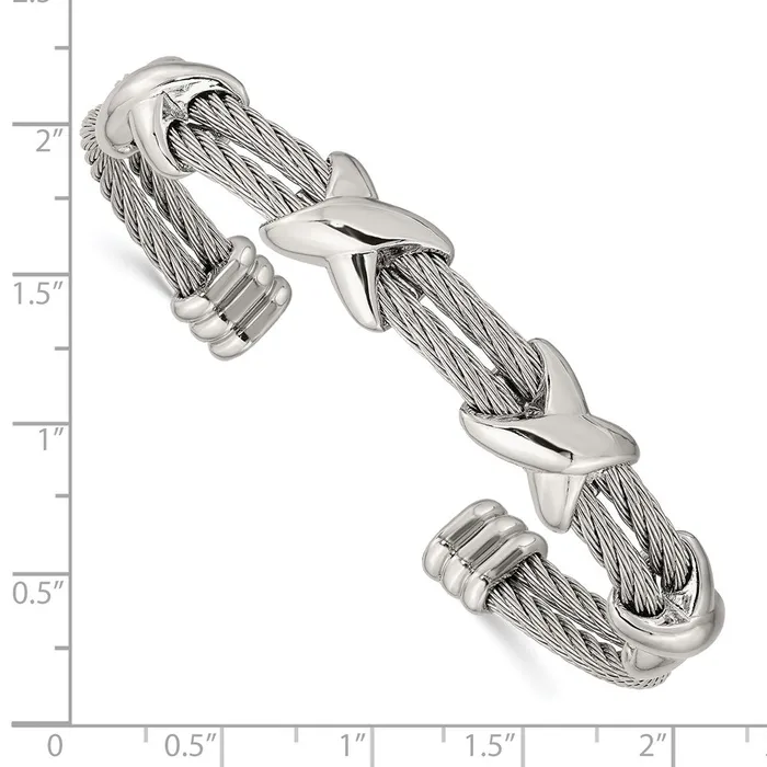 Bracelets TreasureFineJewelers Stainless Steel Polished Cable Cuff Bangle