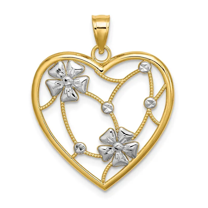 Charm Necklaces 14k w Rhodium Flowers In Heart Charm TreasureFineJewelers