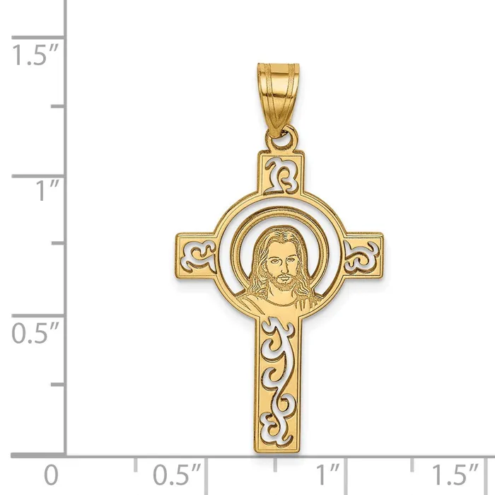Charm Necklaces TreasureFineJewelers 14k Yellow Gold Laser Cut Jesus Face Cross Charm