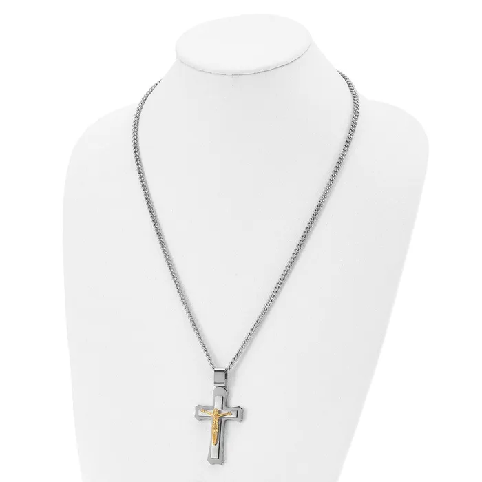 Chisel Stainless Steel Brushed and Polished Yellow IPplated Crucifix Pendant on a 24 inch Curb Chain Necklace TreasureFineJewelers Necklaces