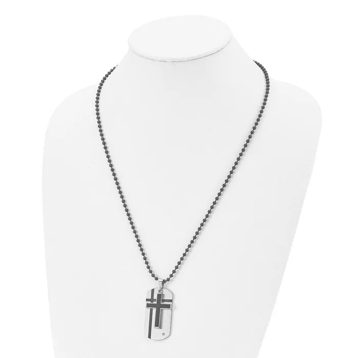 Necklaces TreasureFineJewelers Chisel Stainless Steel Brushed with Enamel and CZ 2 Piece Cross Dog Tag on a 24 inch Ball Chain Necklace