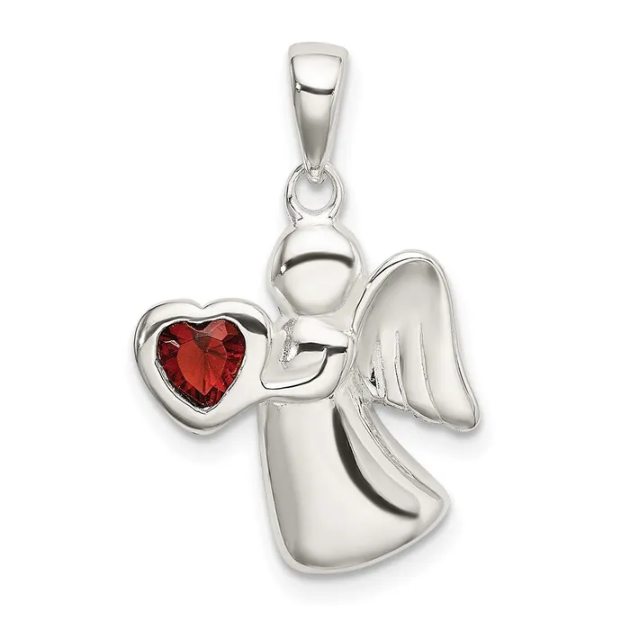 Necklaces TreasureFineJewelers Sterling Silver Angel wDark Red CZ Heart Pendant