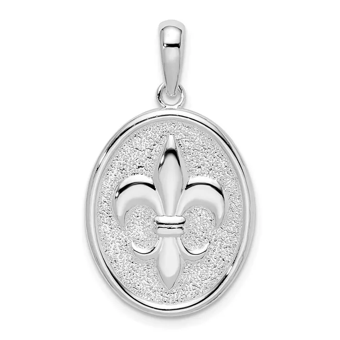 Necklaces TreasureFineJewelers Sterling Silver PolishedTextured Fleur de Lis Lrg Oval Pendant