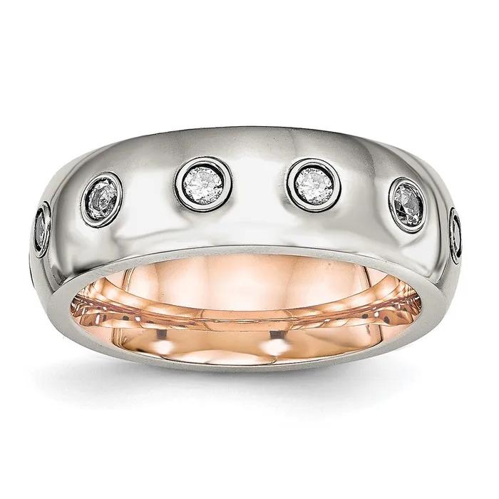 Rings Stainless Steel Polished Rose IPplated Inside wCZ Half Round 7mm Band TreasureFineJewelers Rings Stainless Steel Polished Rose IPplated Inside wCZ Half Round 7mm Band TreasureFineJewelers