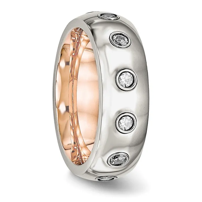 Rings Stainless Steel Polished Rose IPplated Inside wCZ Half Round 7mm Band TreasureFineJewelers
