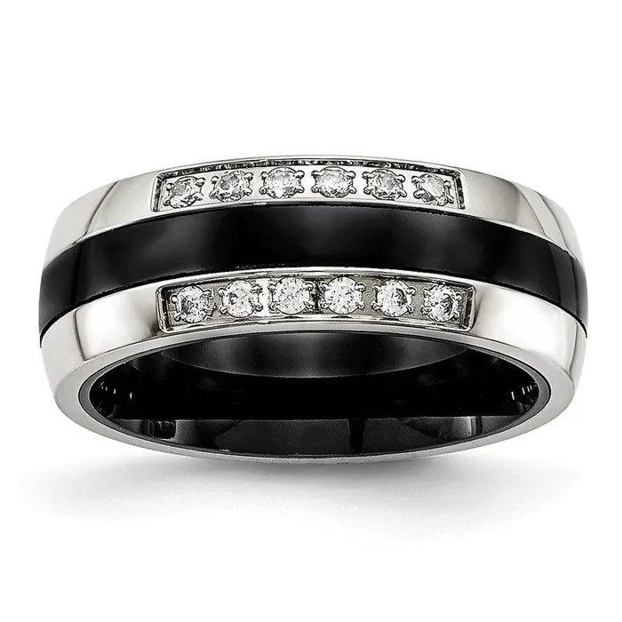 Rings TreasureFineJewelers Stainless Steel Polished Black Ceramic CZ Ring