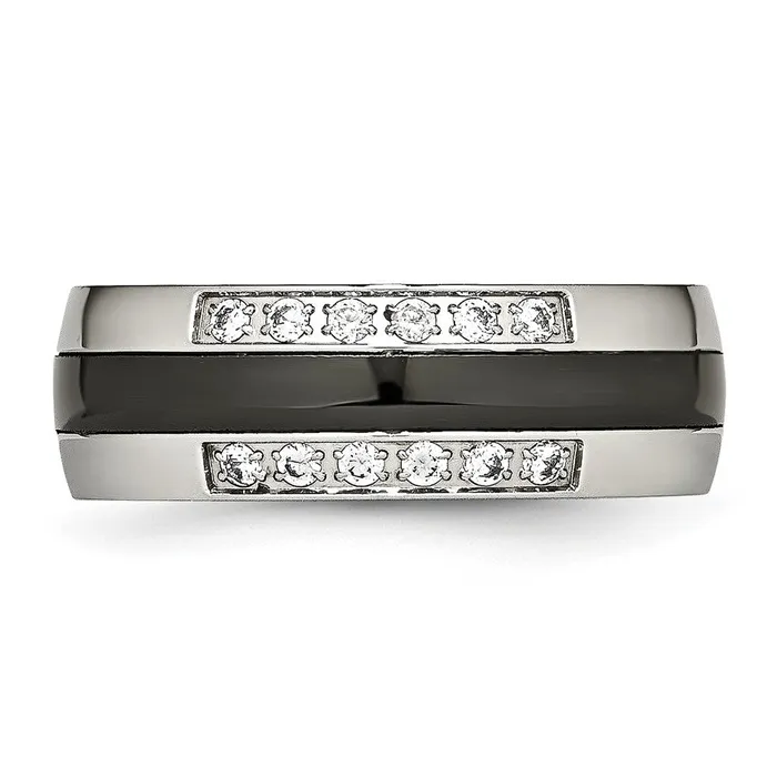 Rings TreasureFineJewelers Stainless Steel Polished Black Ceramic CZ Ring