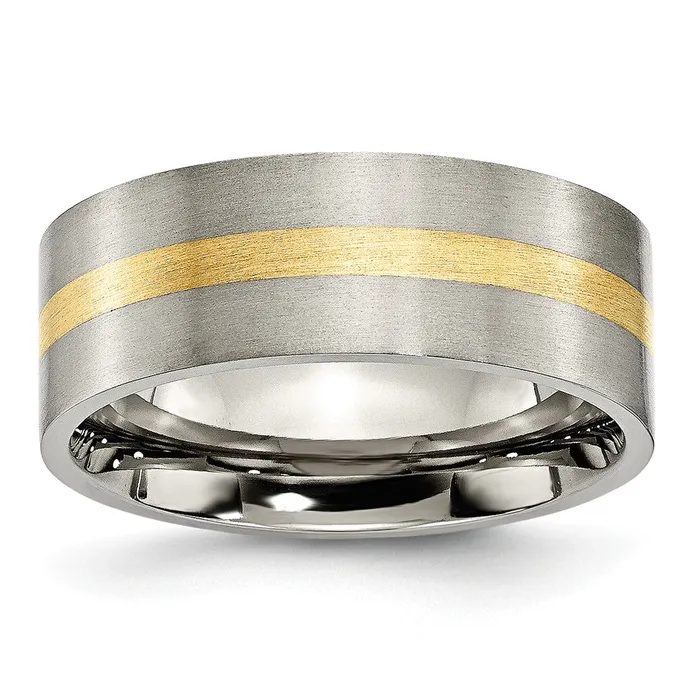 Rings TreasureFineJewelers Titanium Brushed w14k Yellow Gold Inlay 8mm Flat Band