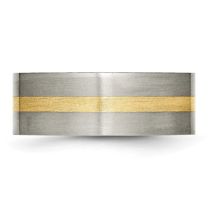 Rings TreasureFineJewelers Titanium Brushed w14k Yellow Gold Inlay 8mm Flat Band