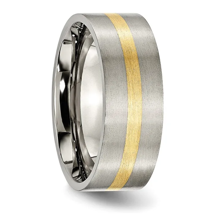 Rings TreasureFineJewelers Titanium Brushed w14k Yellow Gold Inlay 8mm Flat Band