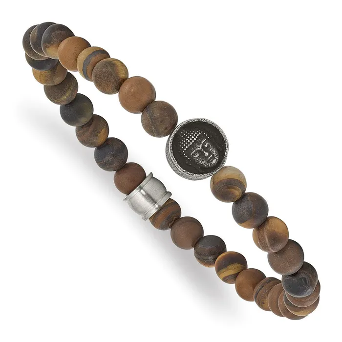 Stainless Steel Antiqued Brushed Tigers Eye Buddha Stretch Bracelet TreasureFineJewelers Bracelets Stainless Steel Antiqued Brushed Tigers Eye Buddha Stretch Bracelet TreasureFineJewelers Bracelets