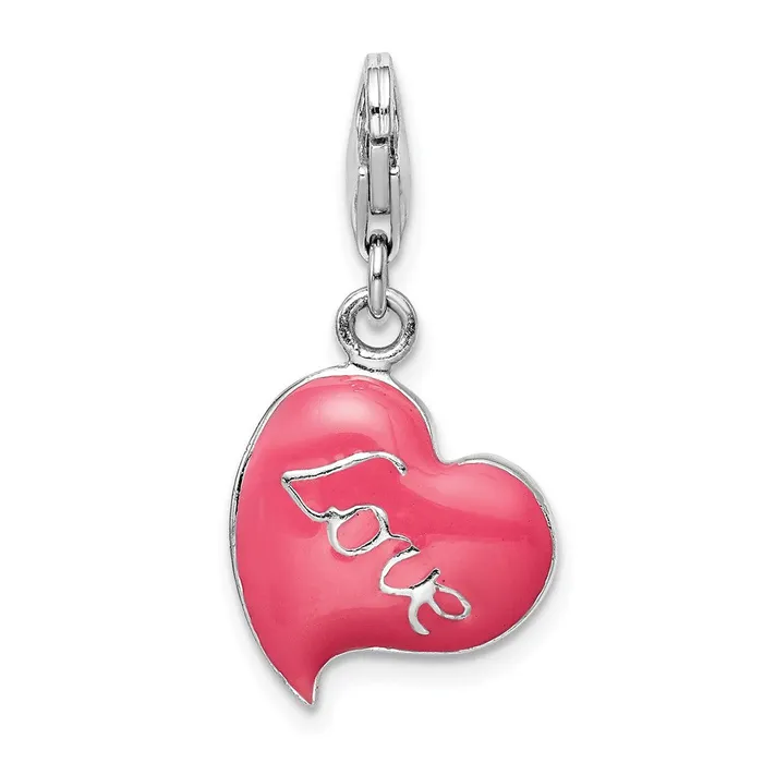 Sterling Silver Amore La Vita Rhodpl 3D Pink Enameled Love Heart Charm TreasureFineJewelers Rings