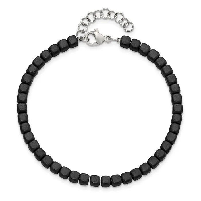 TreasureFineJewelers Bracelets Chisel Stainless Steel Brushed and Polished Square Hematite Beaded 7 inch Bracelet with 125 inch Extension
