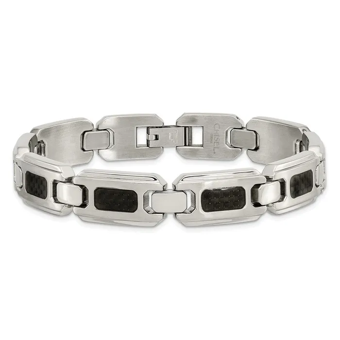 TreasureFineJewelers Bracelets Chisel Stainless Steel Brushed and Polished with Black Carbon Fiber Inlay 9 inch Link Bracelet