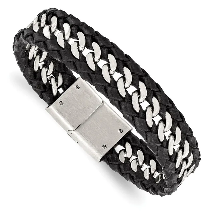 TreasureFineJewelers Bracelets Chisel Stainless Steel Brushed Black Leather 85 inch Bracelet
