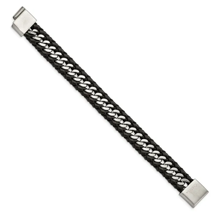TreasureFineJewelers Bracelets Chisel Stainless Steel Brushed Black Leather 85 inch Bracelet