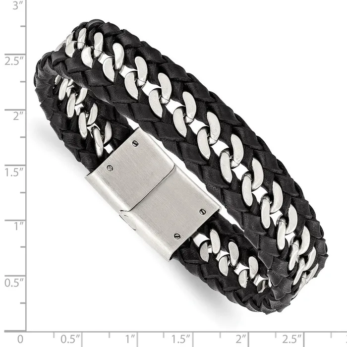 TreasureFineJewelers Bracelets Chisel Stainless Steel Brushed Black Leather 85 inch Bracelet