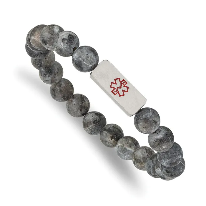 TreasureFineJewelers Bracelets Chisel Stainless Steel Brushed with Red Enamel Medical ID 85mm Labradorite Beaded Stretch Bracelet TreasureFineJewelers Bracelets Chisel Stainless Steel Brushed with Red Enamel Medical ID 85mm Labradorite Beaded Stretch Bracelet