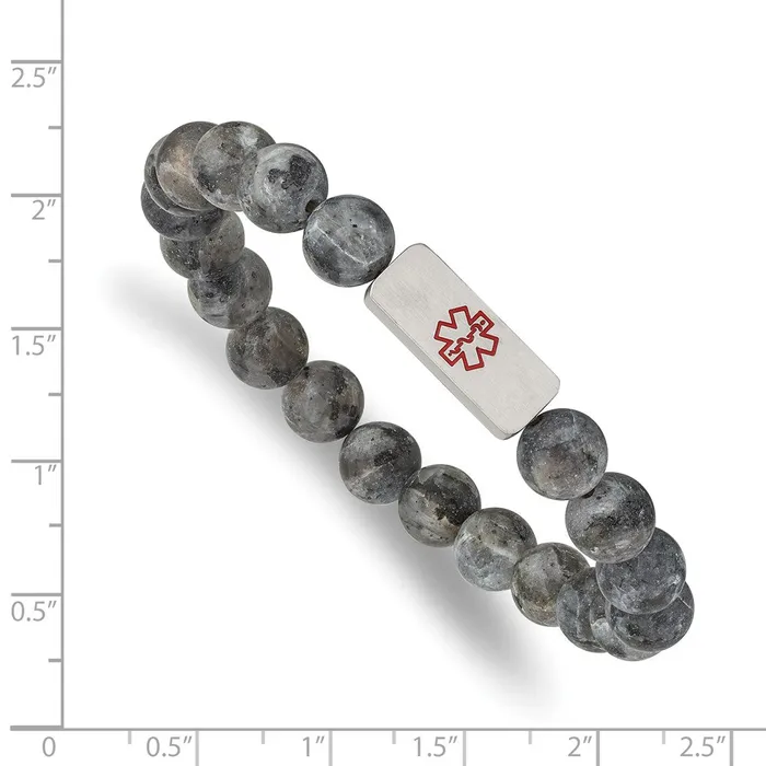TreasureFineJewelers Bracelets Chisel Stainless Steel Brushed with Red Enamel Medical ID 85mm Labradorite Beaded Stretch Bracelet