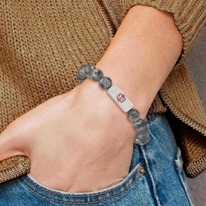 TreasureFineJewelers Bracelets Chisel Stainless Steel Brushed with Red Enamel Medical ID 85mm Labradorite Beaded Stretch Bracelet