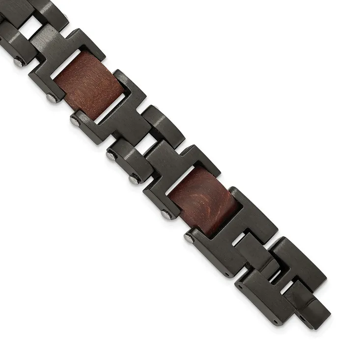 TreasureFineJewelers Bracelets Stainless Steel Brushed Black IPplated with Wood w5in ext 8in Bracelet TreasureFineJewelers Bracelets Stainless Steel Brushed Black IPplated with Wood w5in ext 8in Bracelet