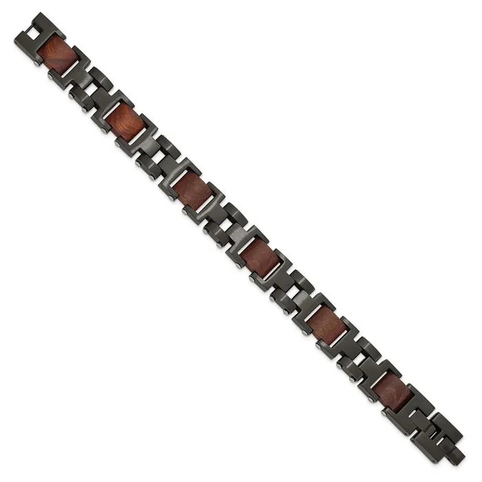 TreasureFineJewelers Bracelets Stainless Steel Brushed Black IPplated with Wood w5in ext 8in Bracelet