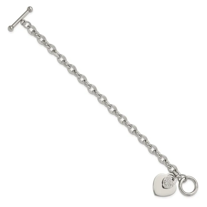 TreasureFineJewelers Bracelets Stainless Steel Polished Two Hearts with CZ 75in Toggle Bracelet