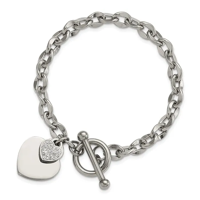 TreasureFineJewelers Bracelets Stainless Steel Polished Two Hearts with CZ 75in Toggle Bracelet