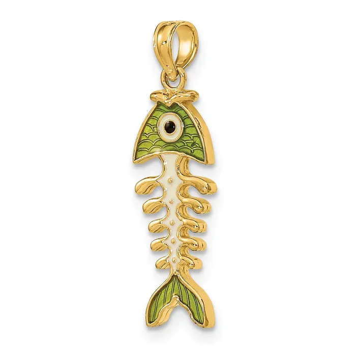 TreasureFineJewelers Charm Necklaces 14k 3D Green Enamel Fish Bone Charm