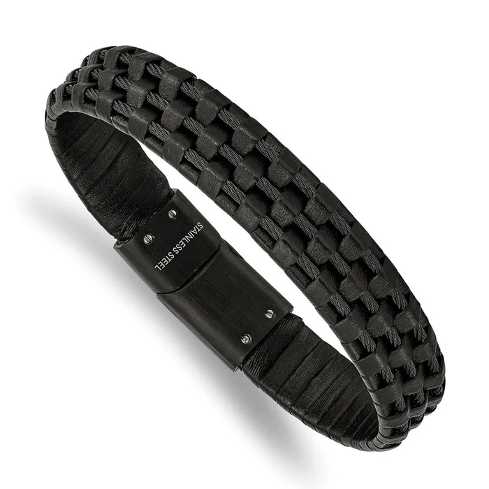 TreasureFineJewelers Chisel Stainless Steel Brushed and Polished Black IPplated Wire Cable and Black Leather 825 inch Bracelet Bracelets TreasureFineJewelers Chisel Stainless Steel Brushed and Polished Black IPplated Wire Cable and Black Leather 825 inch Bracelet Bracelets