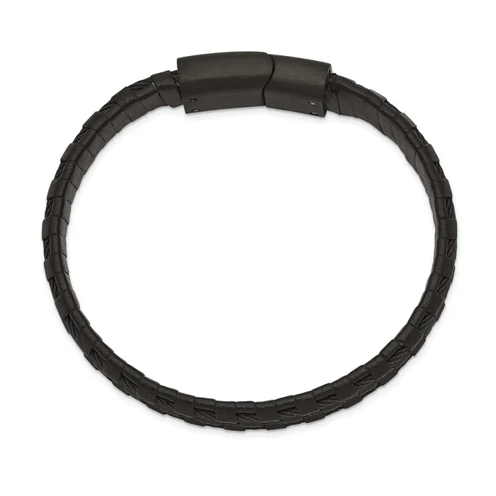 TreasureFineJewelers Chisel Stainless Steel Brushed and Polished Black IPplated Wire Cable and Black Leather 825 inch Bracelet Bracelets