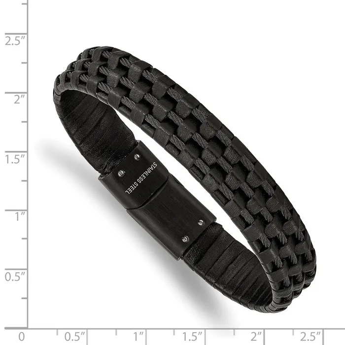 TreasureFineJewelers Chisel Stainless Steel Brushed and Polished Black IPplated Wire Cable and Black Leather 825 inch Bracelet Bracelets