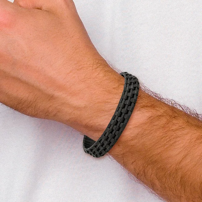 TreasureFineJewelers Chisel Stainless Steel Brushed and Polished Black IPplated Wire Cable and Black Leather 825 inch Bracelet Bracelets