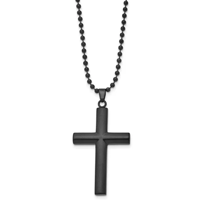 TreasureFineJewelers Necklaces Chisel Stainless Steel Brushed and Polished Black IPplated Cross Pendant on a 24 inch Ball Chain Necklace