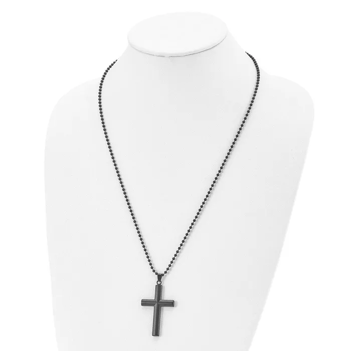 TreasureFineJewelers Necklaces Chisel Stainless Steel Brushed and Polished Black IPplated Cross Pendant on a 24 inch Ball Chain Necklace