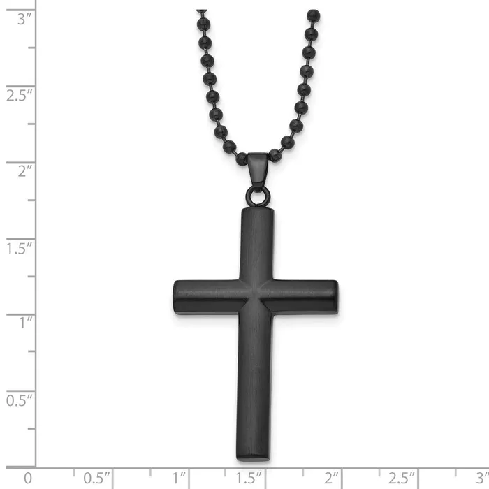 TreasureFineJewelers Necklaces Chisel Stainless Steel Brushed and Polished Black IPplated Cross Pendant on a 24 inch Ball Chain Necklace