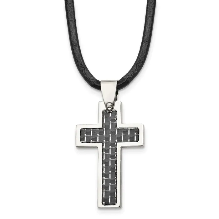 TreasureFineJewelers Necklaces Chisel Stainless Steel Polished with Black Carbon Fiber Inlay Cross Pendant on a 18 inch Leather Cord Necklace