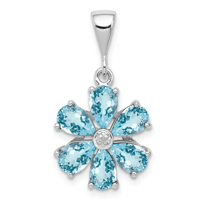 TreasureFineJewelers Necklaces Sterling Silver Rhodium Light Swiss Blue Topaz Diamond Flower Pendant