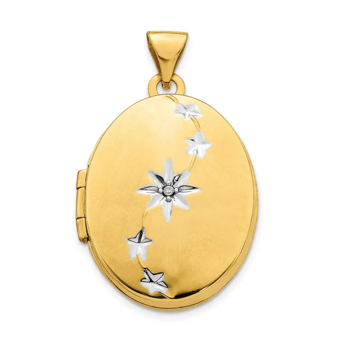 TreasureFineJewelers PreStyled Sets 14k Yellow Gold Rhodium w White Gold Rhodium BrushedPolished Diamond Stars Oval Locket