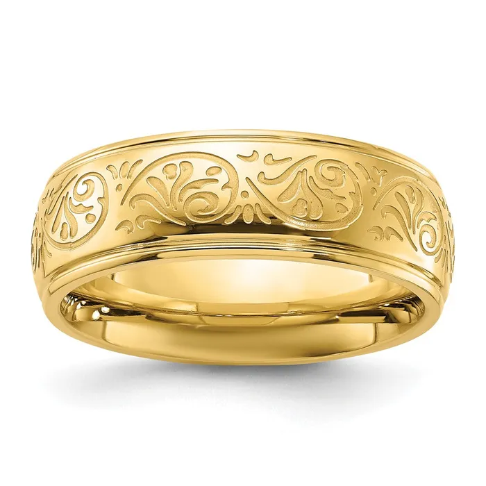 TreasureFineJewelers Rings Stainless Steel Polished Yellow IP Etched Design Ridged Edge 75mm Band